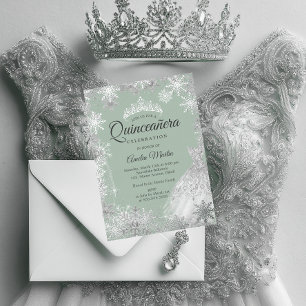Invitación Con Relieve Metalizado Quinceanera de invierno verde polvo plateado
