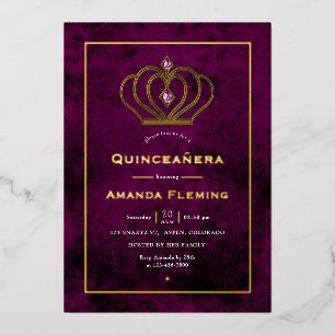 Invitación Con Relieve Metalizado Quinceañera de la Corona de Gemstone Púrpura y Oro
