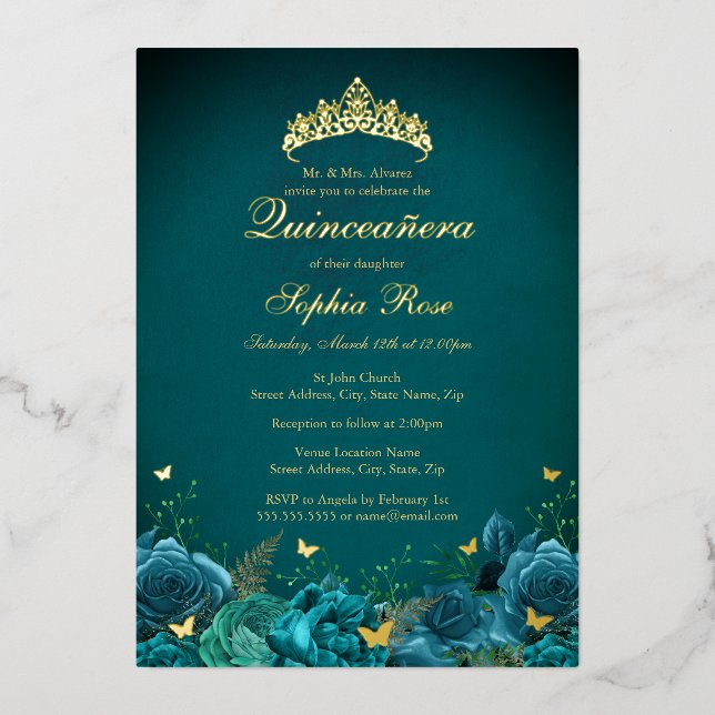 Invitación Con Relieve Metalizado Quinceanera de la mariposa floral Verde azulada (Anverso)