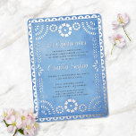 Invitación Con Relieve Metalizado Quinceañera de la Plata Azul Papel Picado Rústico<br><div class="desc">Esta moderna invitación a la quinceañera presenta un fondo rústico azul, un marco de inspiración de papel picado en Relieve metalizado plateado elevado con tipografía elegante. "mis Quince años" y el nombre de su hijo también están en Relieve metalizado elevado. ¡Este diseño es festivo, femenino y elegante! El Relieve metalizado...</div>