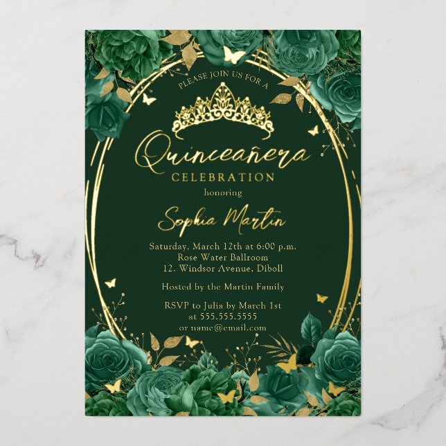 Invitación Con Relieve Metalizado Quinceanera de mariposa floral cautivadora de esme (Anverso)