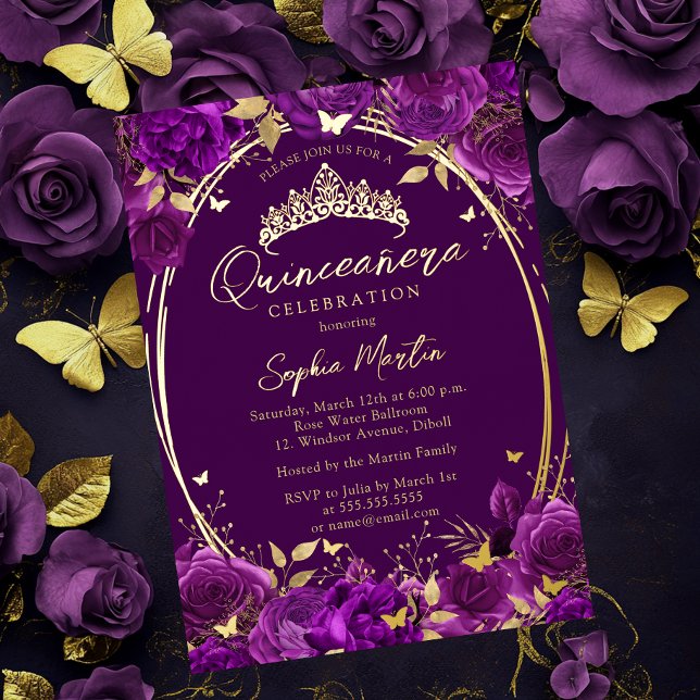 Invitación Con Relieve Metalizado Quinceanera de mariposa floral cautivadora de púrp (Subido por el creador)