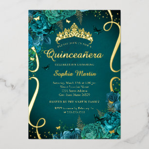 Invitación Con Relieve Metalizado Quinceañera de mariposa floral dorada vibrante tea