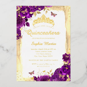 Invitación Con Relieve Metalizado Quinceanera de mariposa floral Purple Elegal
