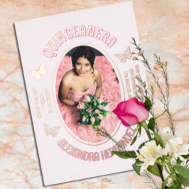 Invitación Con Relieve Metalizado Quinceañera de Mariposas Rosas