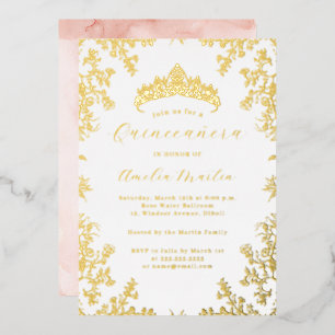 Invitación Con Relieve Metalizado Quinceanera de oro blanco de Rubor floral vintage