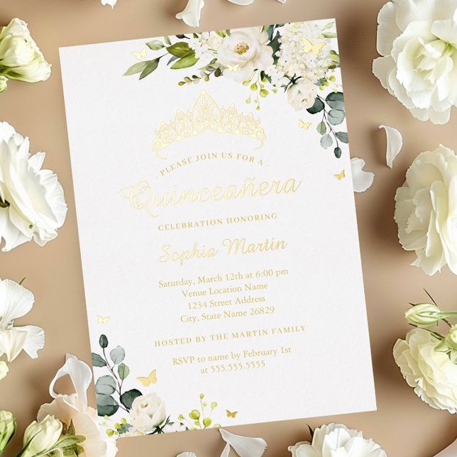 Invitación Con Relieve Metalizado Quinceanera de oro floral de champán (Subido por el creador)