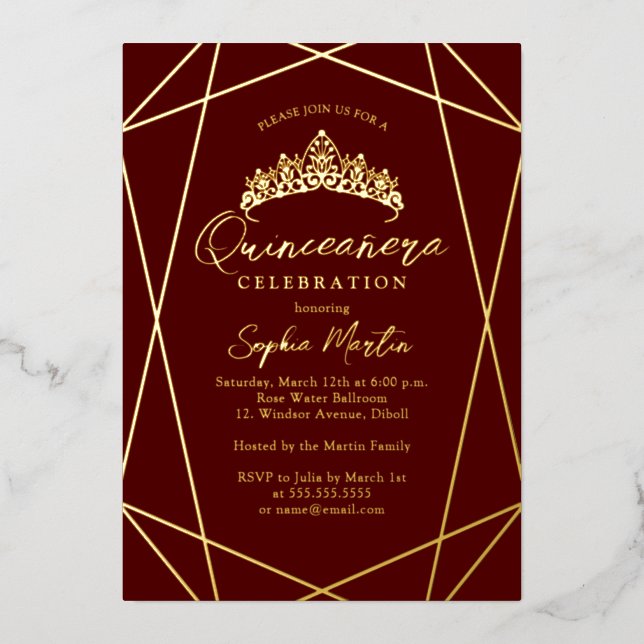 Invitación Con Relieve Metalizado Quinceanera de oro geométrica moderna de Borgoña (Anverso)
