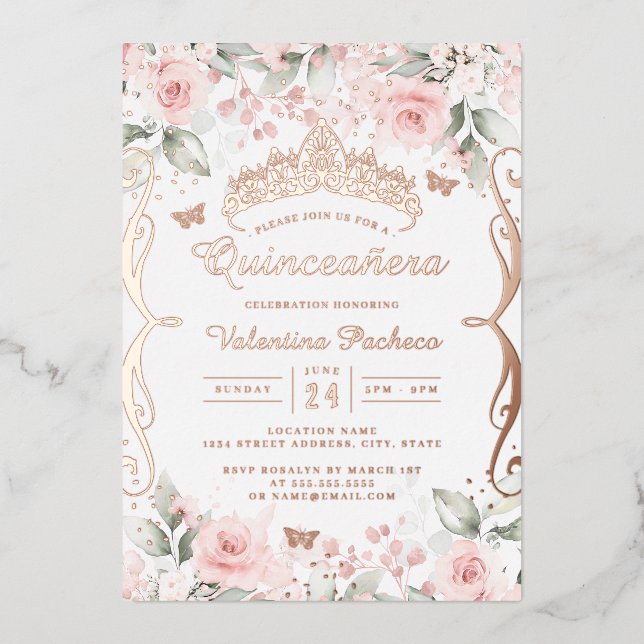Invitación Con Relieve Metalizado Quinceanera de oro rosa rosa de Rubor (Anverso)