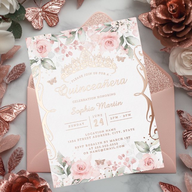 Invitación Con Relieve Metalizado Quinceanera de oro rosa rosa de Rubor (Subido por el creador)
