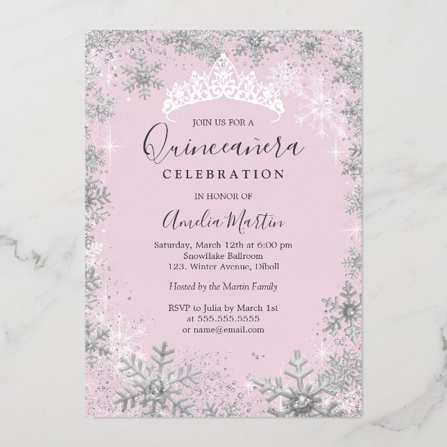 Invitación Con Relieve Metalizado Quinceanera de plata rosa de copo de nieve de invi (Anverso)