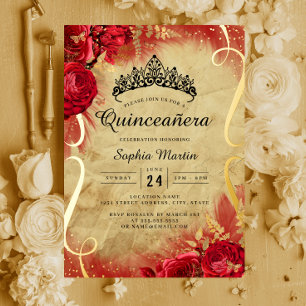 Invitación Con Relieve Metalizado Quinceañera de Rollo Floral Rojo