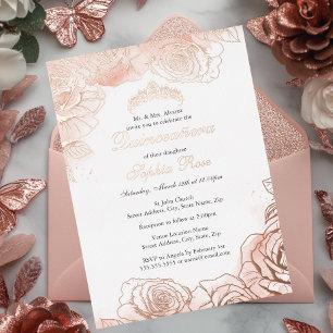 Invitación Con Relieve Metalizado Quinceañera de Rosa Dorada Floral Rosa 