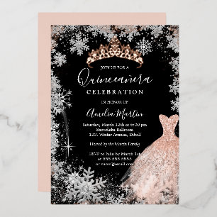 Invitación Con Relieve Metalizado Quinceañera de Rosa Dorado Plata Negro Copo de Nie