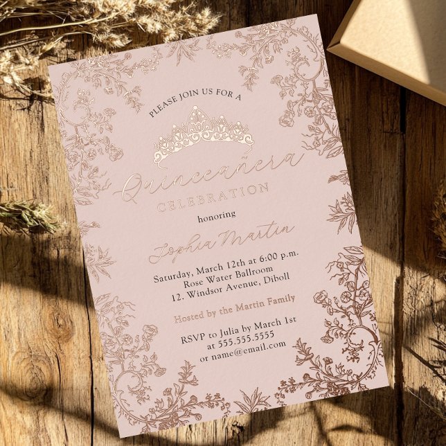 Invitación Con Relieve Metalizado Quinceanera de Rosa elegante (Subido por el creador)