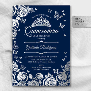Invitación Con Relieve Metalizado Quinceañera de Rosas Mariposas Azul Marino Platead