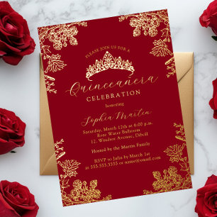Invitación Con Relieve Metalizado Quinceanera dorada de color rojo