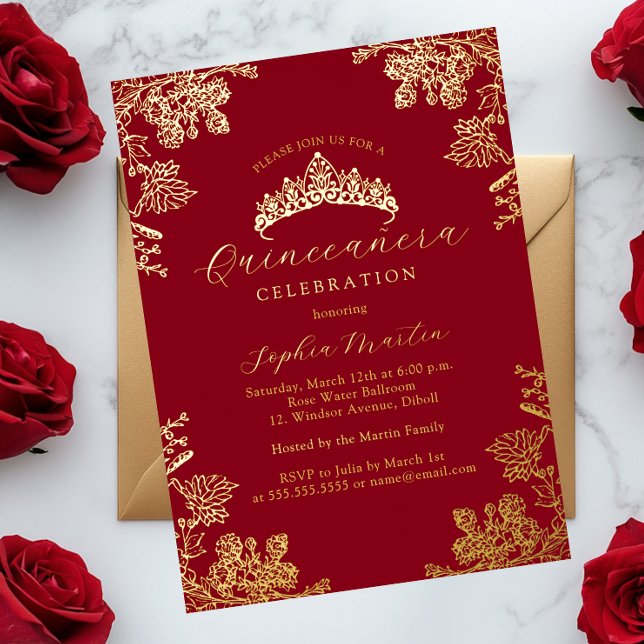 Invitación Con Relieve Metalizado Quinceanera dorada de color rojo (Subido por el creador)