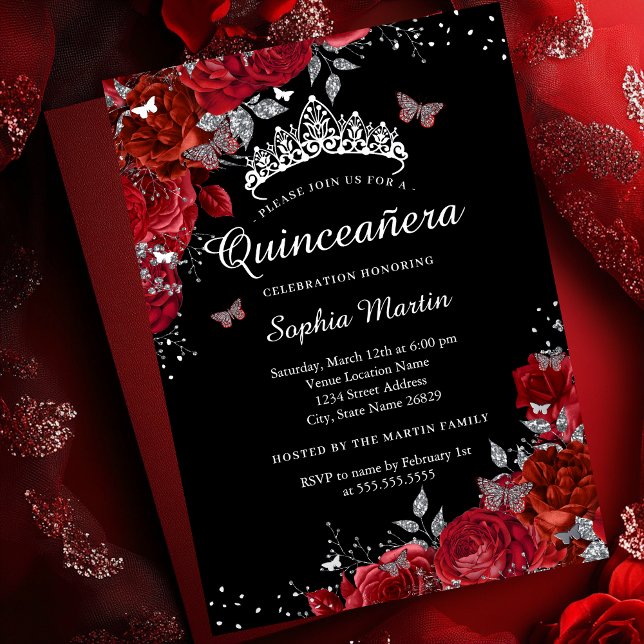 Invitación Con Relieve Metalizado Quinceanera elegante de floral negra (Subido por el creador)
