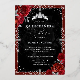Invitación Con Relieve Metalizado Quinceanera elegante de rosa rojo plateado