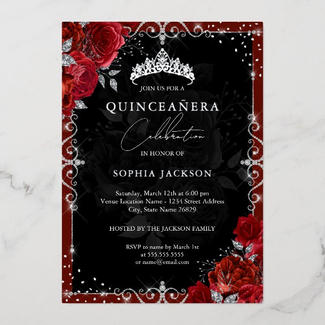 Invitación Con Relieve Metalizado Quinceanera elegante de rosa rojo plateado (Anverso)