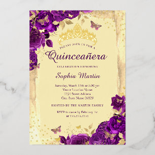 Invitación Con Relieve Metalizado Quinceañera Elegante Mariposa Floral Morado Dorado