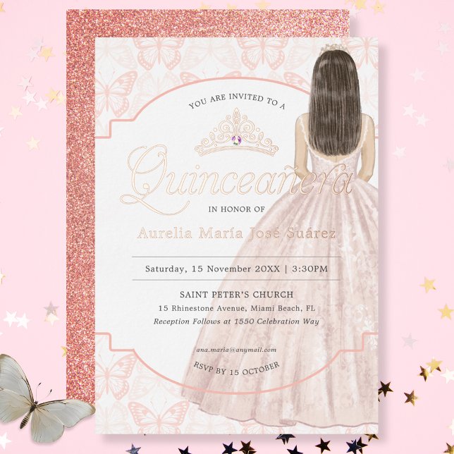 Invitación Con Relieve Metalizado Quinceañera Elegante Rosa Purpurina de Oro Cumplea (Subido por el creador)