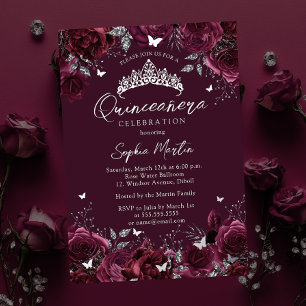 Invitación Con Relieve Metalizado Quinceañera encantadora floral borgoña mariposa