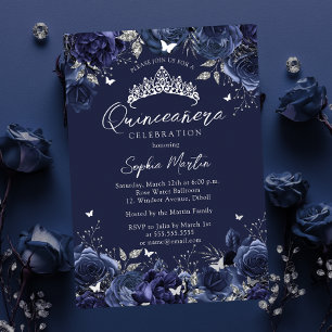 Invitación Con Relieve Metalizado Quinceañera encantadora floral naval mariposa