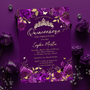 Invitación Con Relieve Metalizado Quinceañera encantadora mariposa floral púrpura