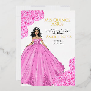 Invitación Con Relieve Metalizado Quinceanera española rosa 