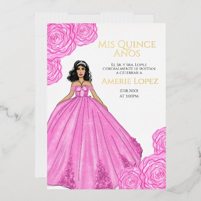 Invitación Con Relieve Metalizado Quinceanera española rosa (Sobre)