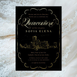 Invitación Con Relieve Metalizado Quinceañera Fantasía Castillo Romántico Dorado