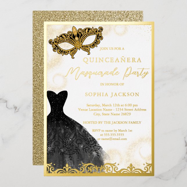 Invitación Con Relieve Metalizado Quinceanera, Fiesta de la mascarada con vestido de (Anverso/Reverso)