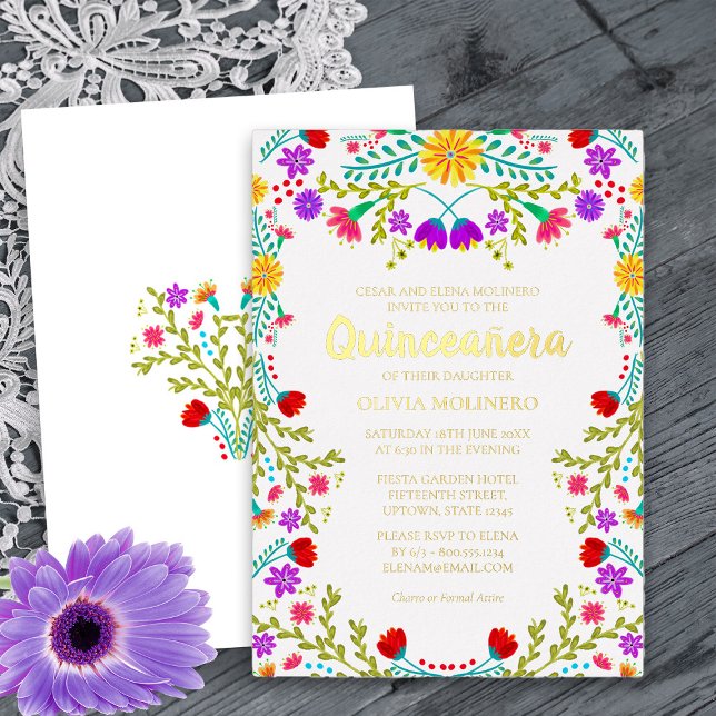 Invitación Con Relieve Metalizado Quinceanera Fiesta Floral Real Gold (Gold Foil Quinceanera Invitation from my Mexican Fiesta Flowers Quinceanera Collection)