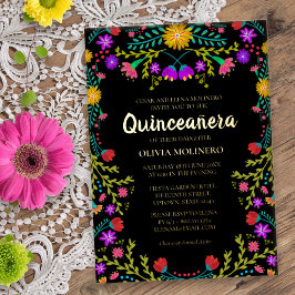 Invitación Con Relieve Metalizado Quinceañera Fiesta Mexicana Floral Oro Real