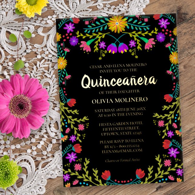 Invitación Con Relieve Metalizado Quinceanera Fiesta Mexicana Floral Real Gold (Gold Foil Quinceanera invitation from my Mexican Fiesta Floral collection
)