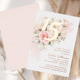 Invitación Con Relieve Metalizado Quinceanera Floral 15 cumpleaños Rosa de oro