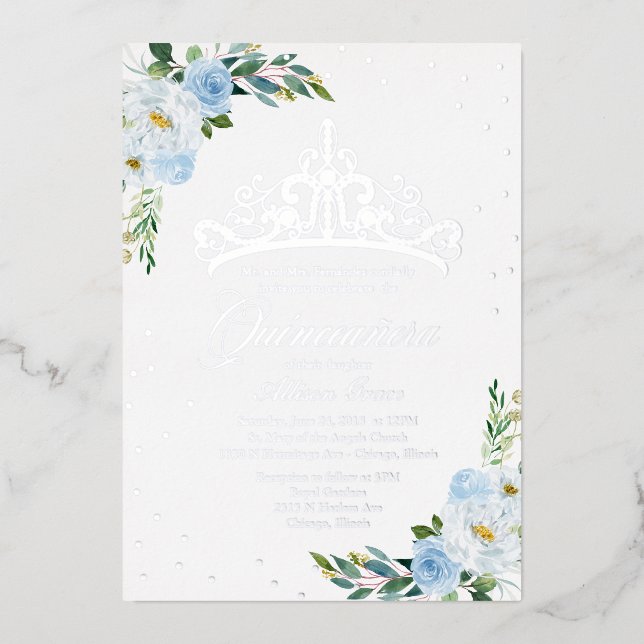 Invitación Con Relieve Metalizado Quinceanera floral azul (Anverso)
