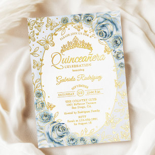 Invitación Con Relieve Metalizado Quinceañera Floral Azul Bebé Dorado