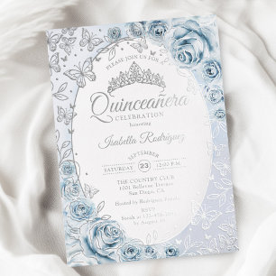 Invitación Con Relieve Metalizado Quinceañera Floral Azul Bebé Plateado