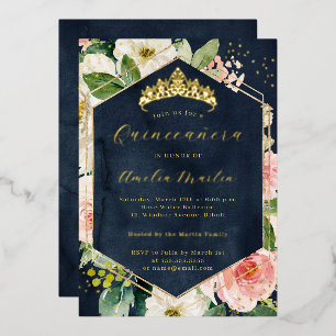 Invitación Con Relieve Metalizado Quinceañera Floral Azul Moderno Geo