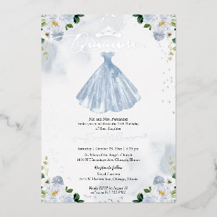 Invitación Con Relieve Metalizado Quinceañera Floral Azul Polvoriento 