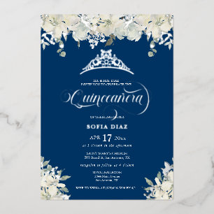 Invitación Con Relieve Metalizado Quinceañera Floral Azul Real Dorado  