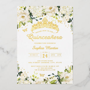 Invitación Con Relieve Metalizado Quinceañera Floral Blanca Champán Dorado