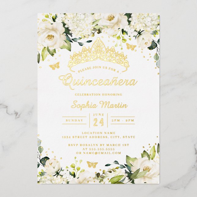 Invitación Con Relieve Metalizado Quinceanera floral blanca de champán de oro (Anverso)
