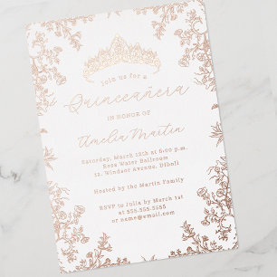 Invitación Con Relieve Metalizado Quinceanera floral blanca dorada vintage