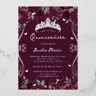 Invitación Con Relieve Metalizado Quinceañera Floral Burgundy Plata Remolino Rollo
