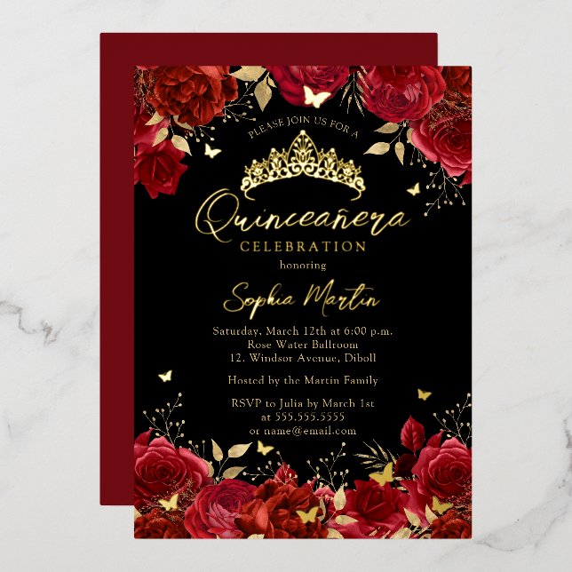 Invitación Con Relieve Metalizado Quinceanera floral con encanto negro rojo (Anverso/Reverso)
