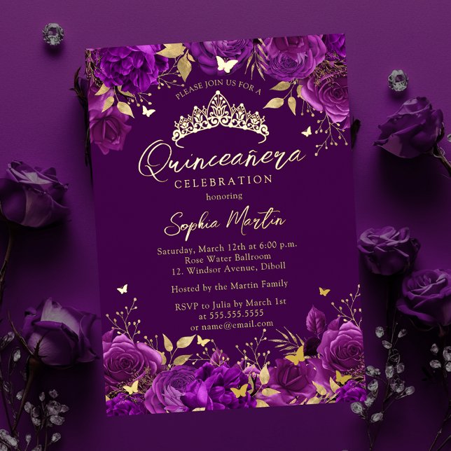 Invitación Con Relieve Metalizado Quinceanera floral con encanto púrpura (Subido por el creador)